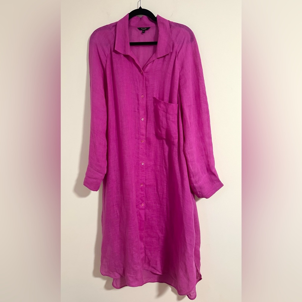 Massimo Dutti Hot Pink Long Sleeve Button-Front Shirt Dress